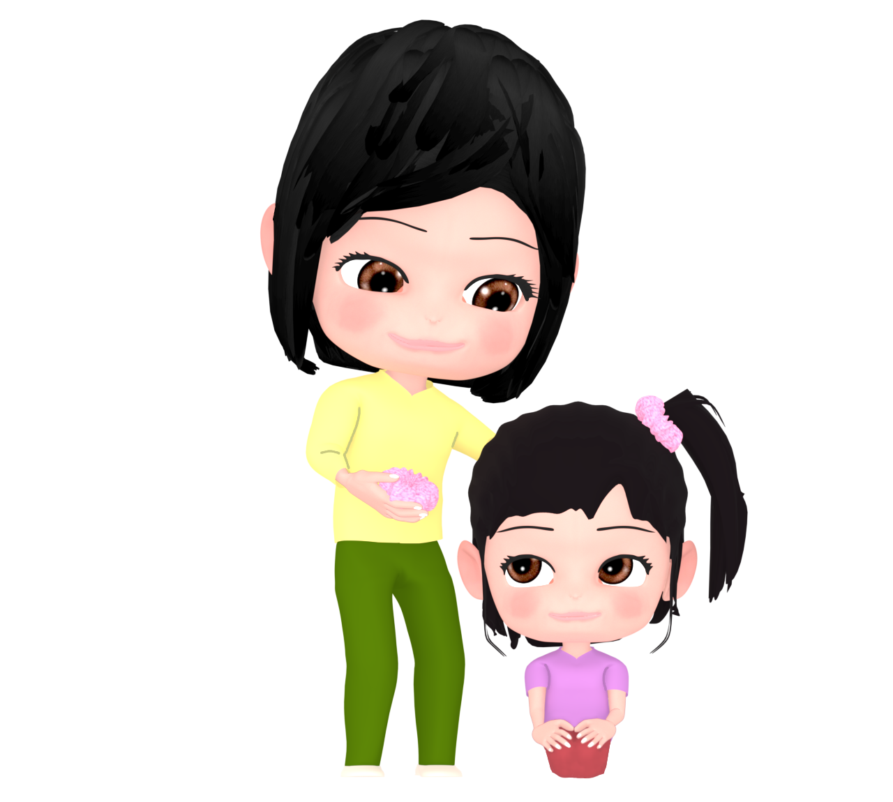 髪をセットする親子のイラスト