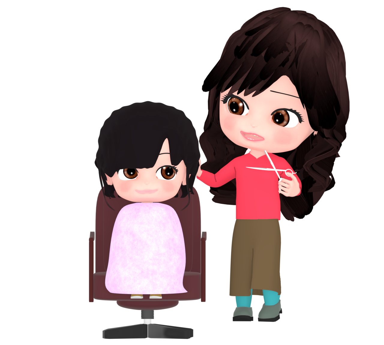女の子の髪を切る美容師のイラスト