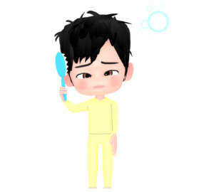 寝ぼけてクシを使うボサボサ髪の男性のイラスト