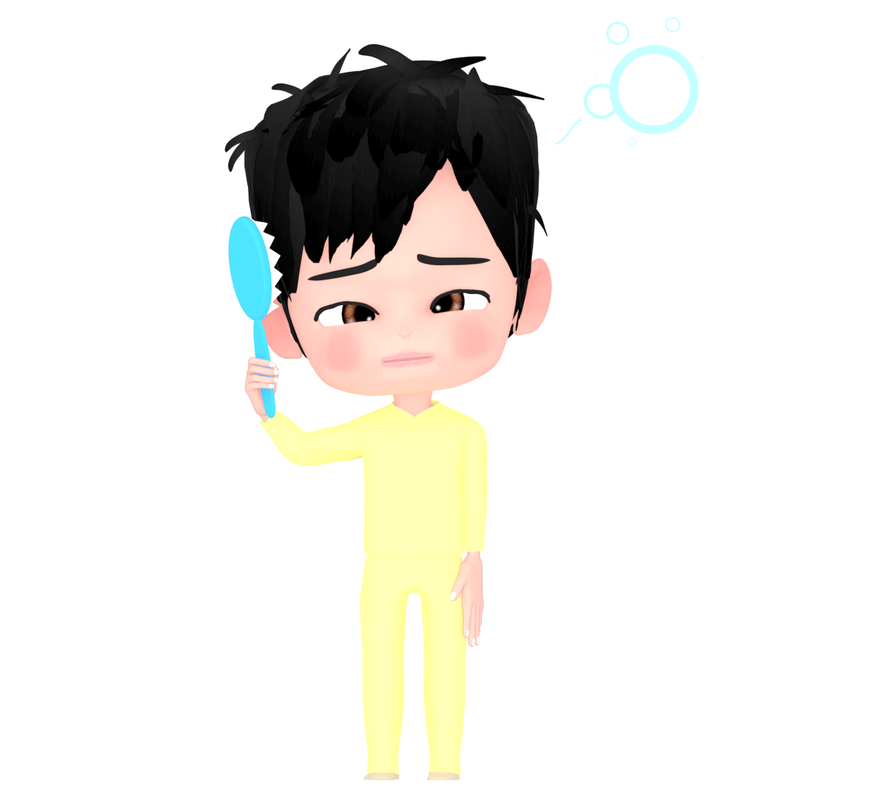寝ぼけてクシを使うボサボサ髪の男性のイラスト