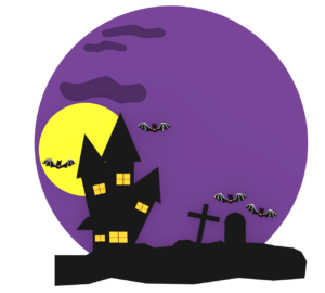 ハロウィンでコウモリが飛ぶ不気味な城のイラスト