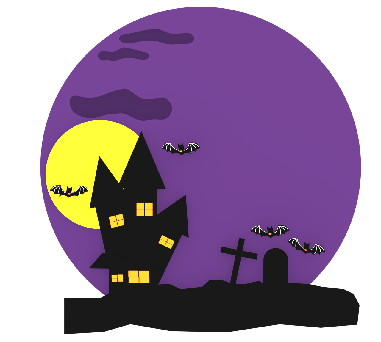 ハロウィンでコウモリが飛ぶ不気味な城のイラスト