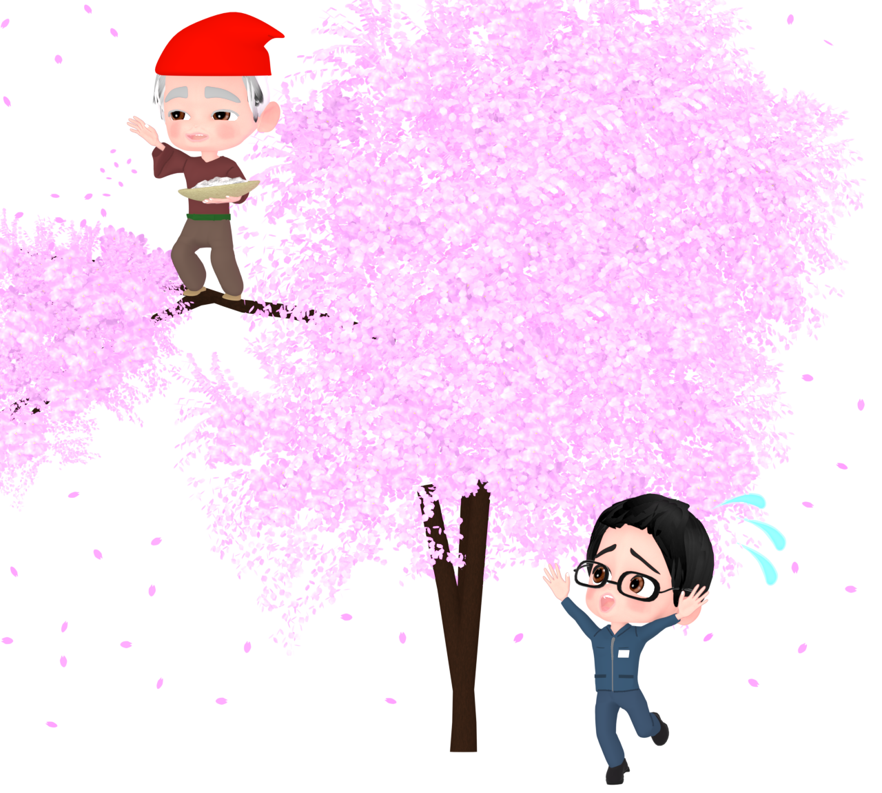 花咲か爺さんと驚く人のイラスト