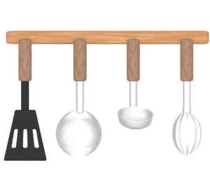 吊るされた調理器具のイラスト