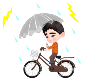 雨で傘をさしながら自転車に乗るイラスト