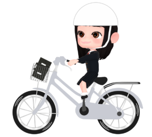 ヘルメットを被り自転車通学をする女子学生のイラスト