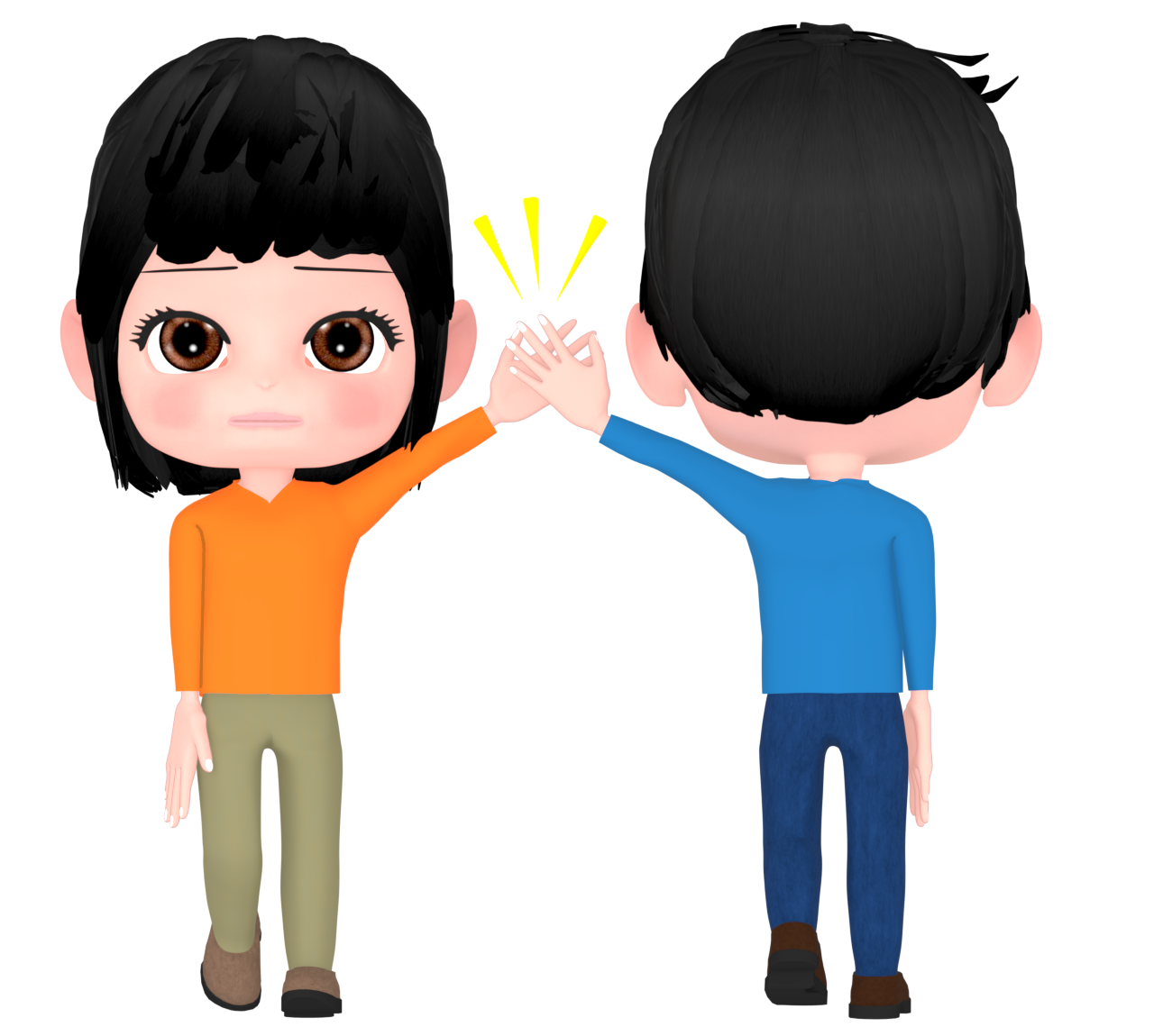 ハイタッチをする無表情な女性のイラスト
