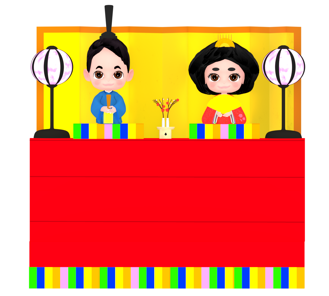 雛壇に並ぶお内裏様とお雛様のイラスト