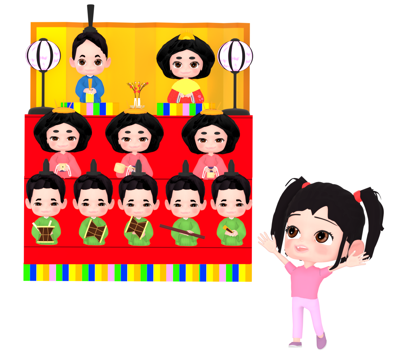 ひな祭りを楽しむ女の子のイラスト