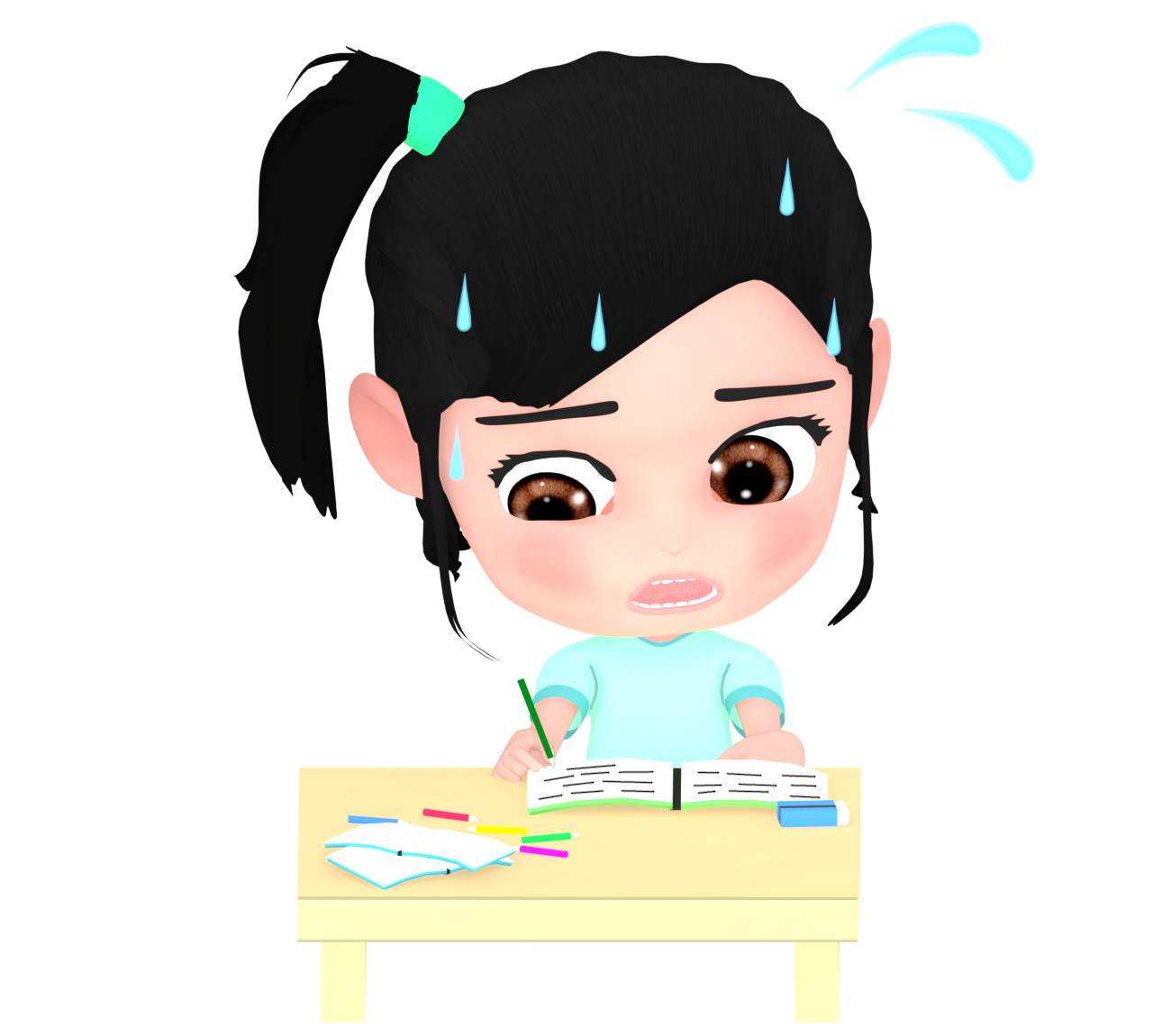 夏休みの宿題が終わらずに焦る女の子のイラスト