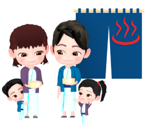 温泉旅行で浴衣を着る家族のイラスト