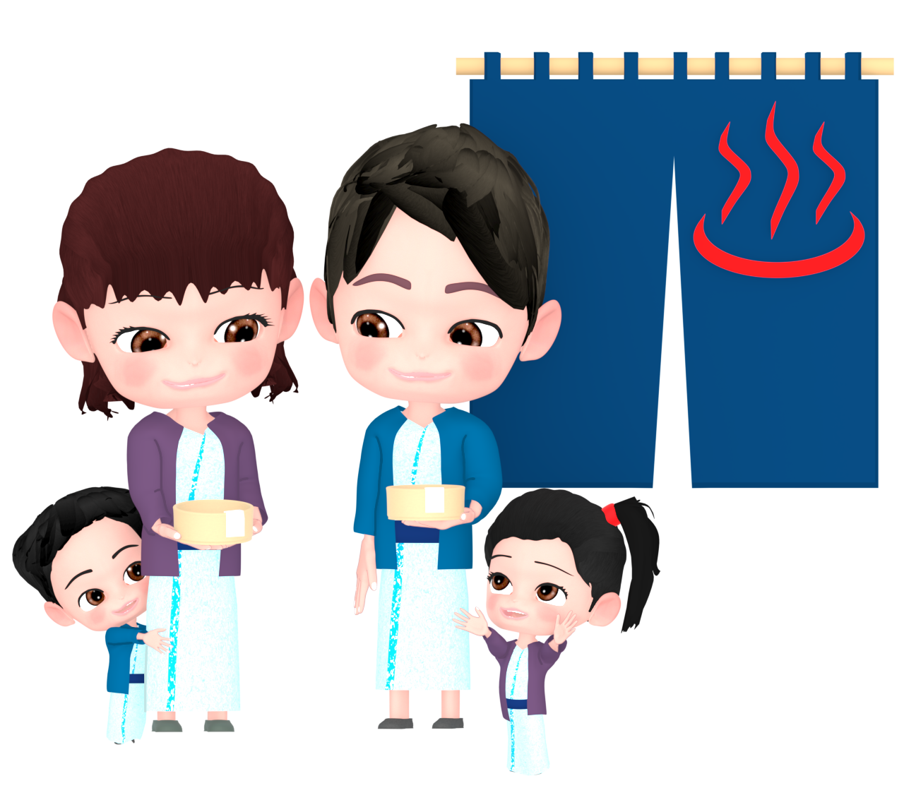 温泉旅行で浴衣を着る家族のイラスト