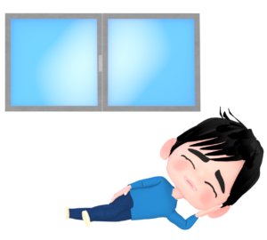 室内で肘枕をして寝転ぶ男性のイラスト
