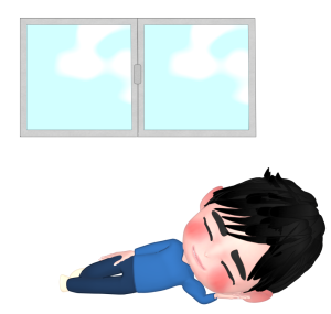 室内で肘枕をして寝転ぶ男性のイラスト