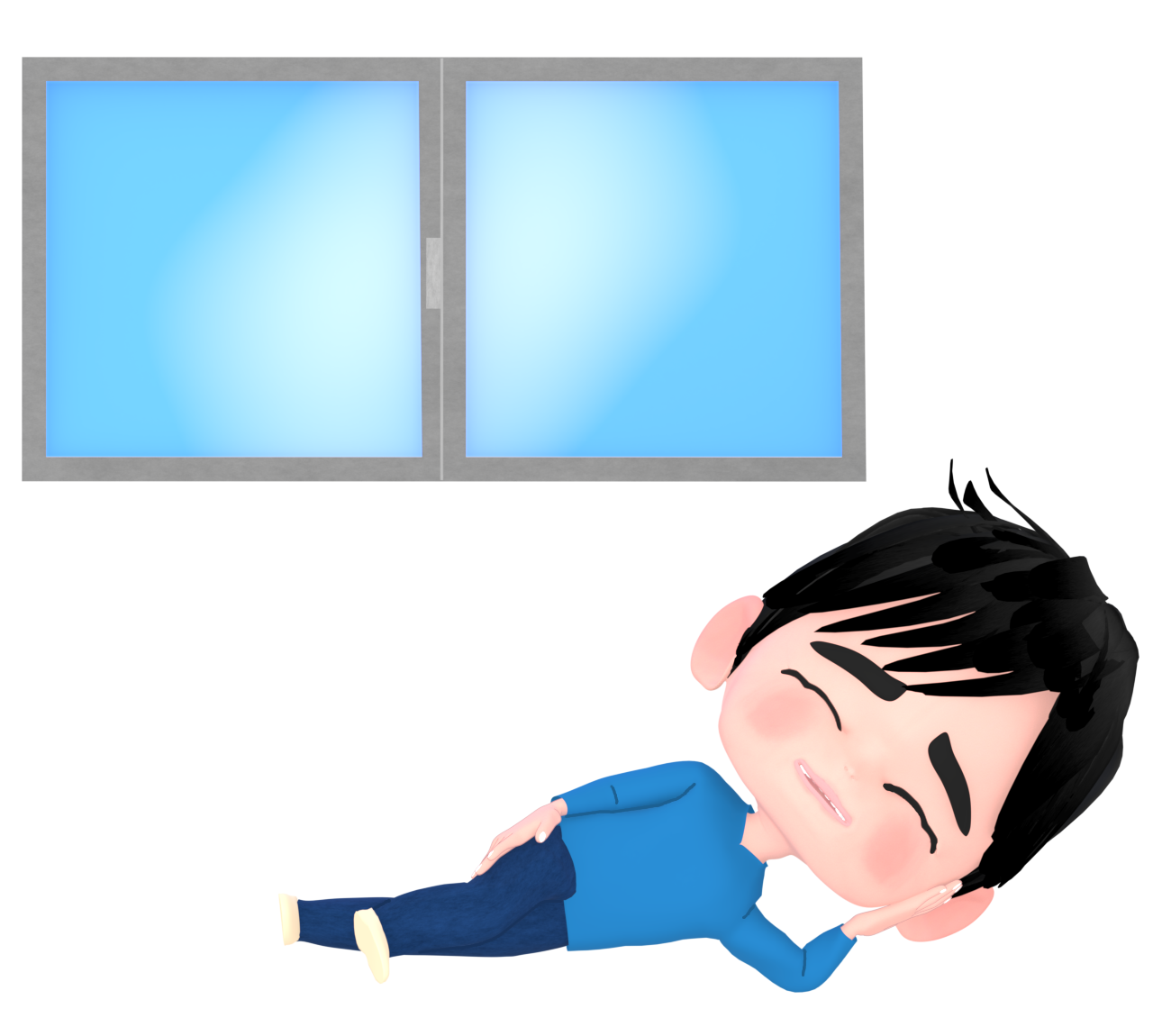室内で肘枕をして寝転ぶ男性のイラスト
