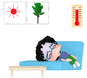室内で熱中症になる男の子のイラスト