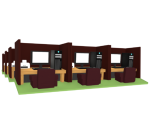 ネットカフェでパソコンが並ぶ店内のイラスト