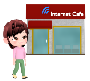 インタネットカフェに行く女性のイラスト