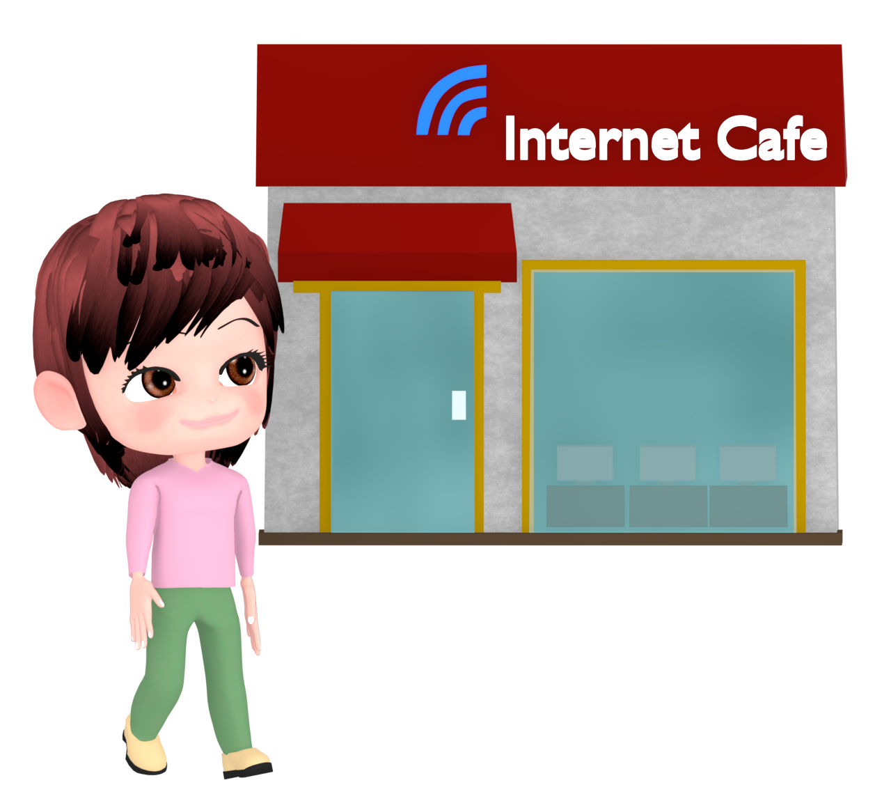 インタネットカフェに行く女性のイラスト 6 インタネットカフェに行く女性のイラスト