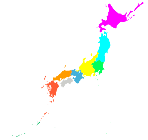 日本地図の地方別色分けのイラスト
