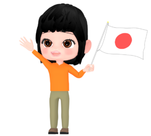 日本国旗を振る笑顔の女性のイラスト