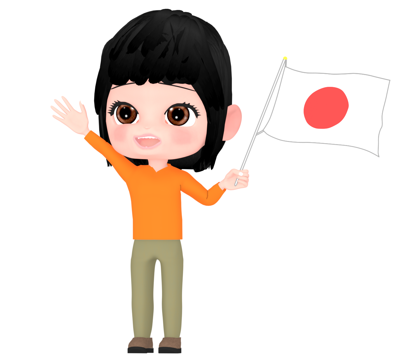 日本国旗を振る笑顔の女性のイラスト
