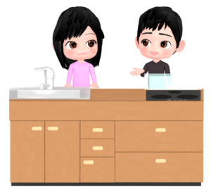 キッチンを見ている男女のイラスト