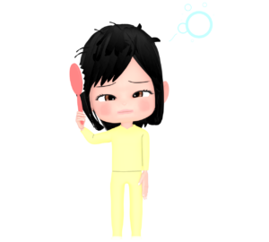 クシで寝癖をとかす女性のイラスト