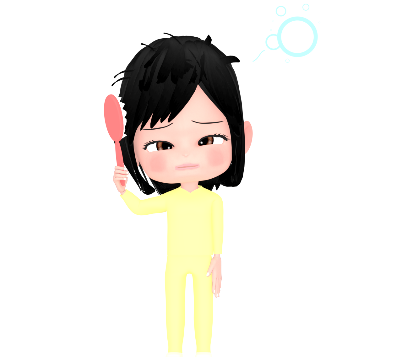 クシで寝癖をとかす女性のイラスト