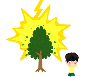 落雷した木と離れて伏せる人のイラスト