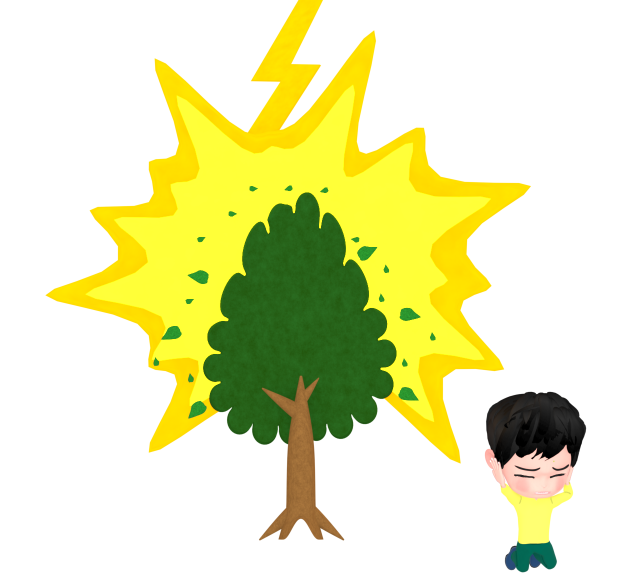 落雷した木と離れて伏せる人のイラスト