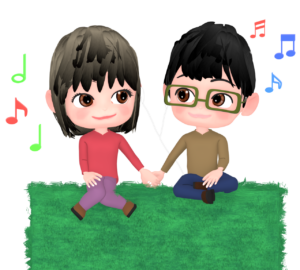 同じイヤホンで聴く恋人のイラスト