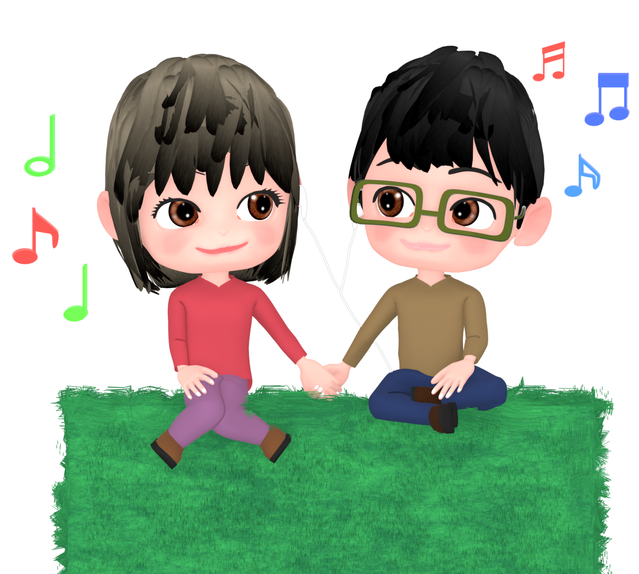 同じイヤホンで聴く恋人のイラスト