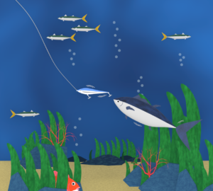 ルアーで魚を誘う海の中のイラスト