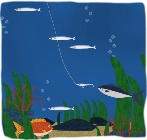 ルアーで魚を誘う海の中のイラスト