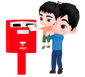大人が子供を抱えてポストに投函をするイラスト