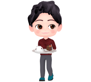 トレイでケーキを運ぶ男性のイラスト