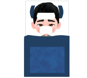 風邪でダウンをして寝込む男性のイラスト