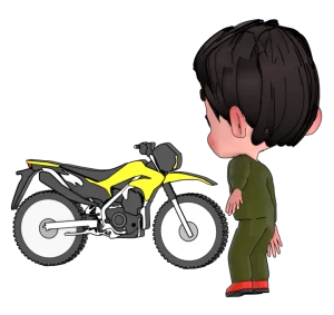 オフロードバイクを見る男性のイラスト