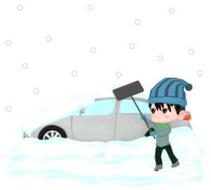 車の雪下ろしをする男性のイラスト