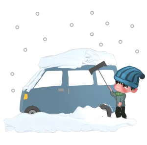 車の雪下ろしをする男性のイラスト