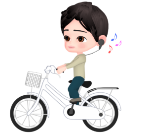 イヤホンをつけて自転車に乗る男性のイラスト