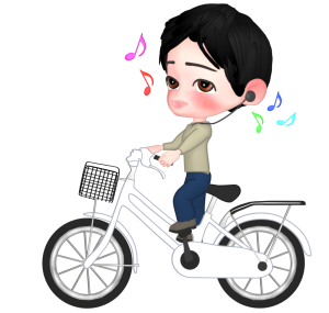 イヤホンをつけて自転車に乗る男性のイラスト