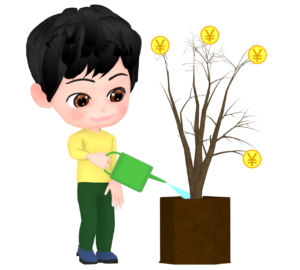 お金のなる木に水をあげる男性のイラスト