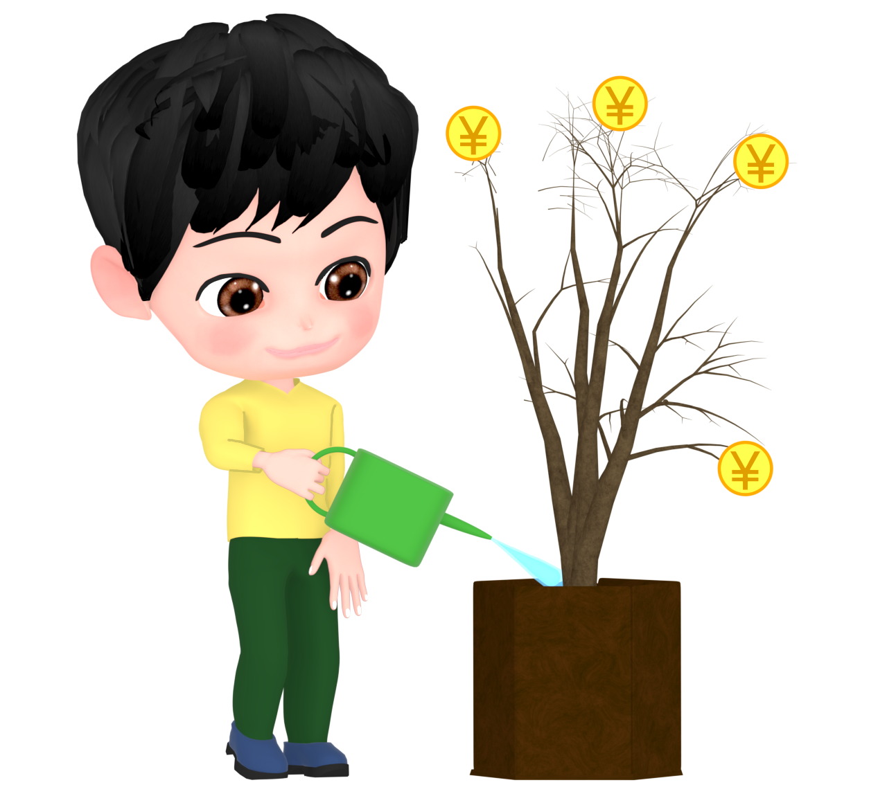 お金のなる木に水をあげる男性のイラスト