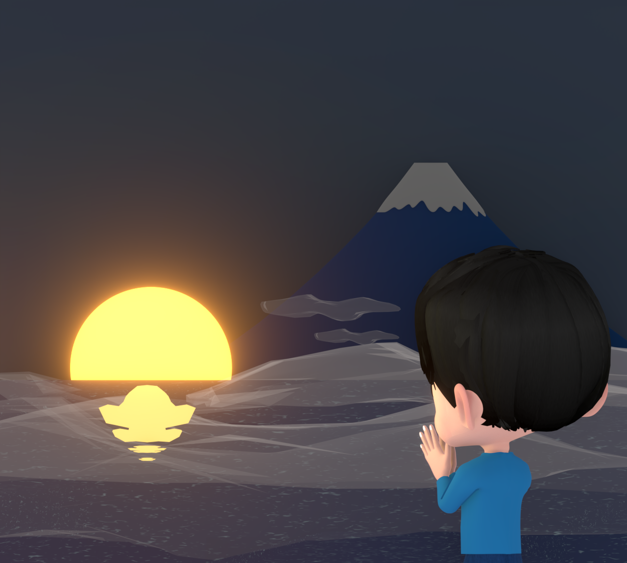 初日の出を拝む男性のイラスト