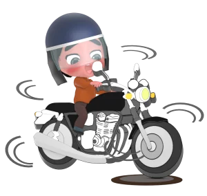 マンホールで滑るバイクのイラスト（男性）