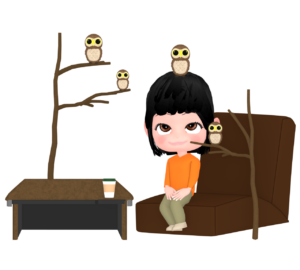 たくさんのフクロウと遊ぶ女性のイラスト