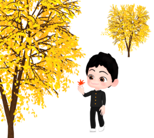 カエデを手に取る男子学生のイラスト