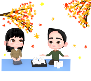 もみじ狩りをする夫婦のイラスト